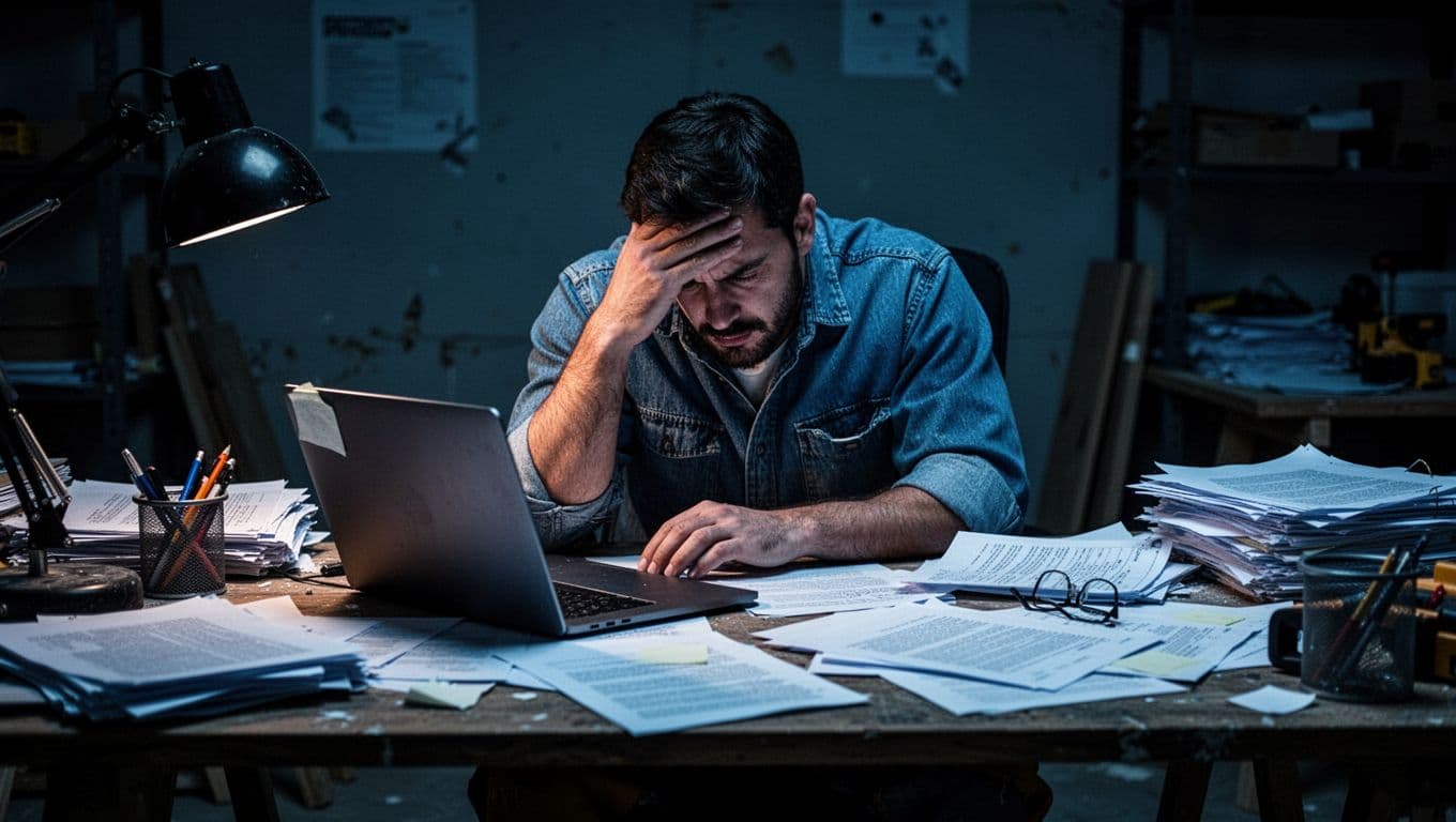A contractor sits at a desk buried under messy paperwork and a glowing laptop screen. Deep shadows cast across the room create a somber atmosphere in this dark, professional office setting.