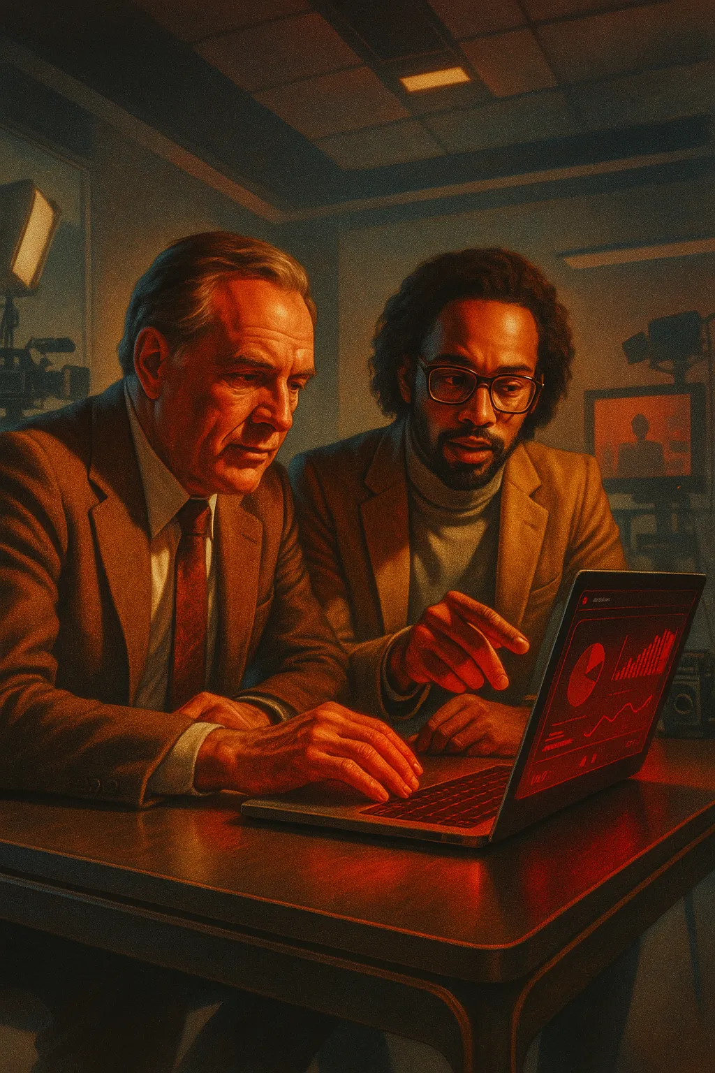 Two professionals analyzing data on a laptop at RockN' Socials Digital Marketing Agency.