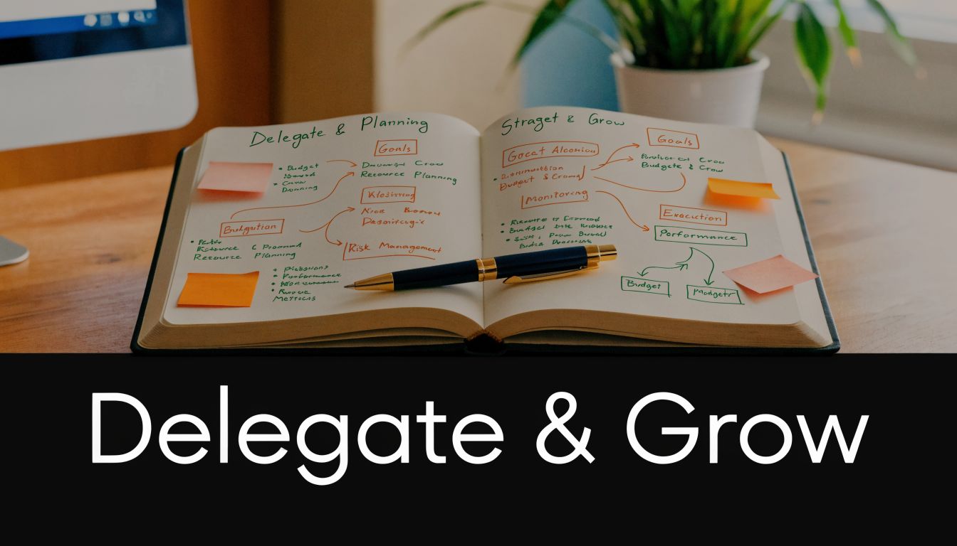 An open notebook on a wooden desk displaying organized business management strategies with a pen placed across.