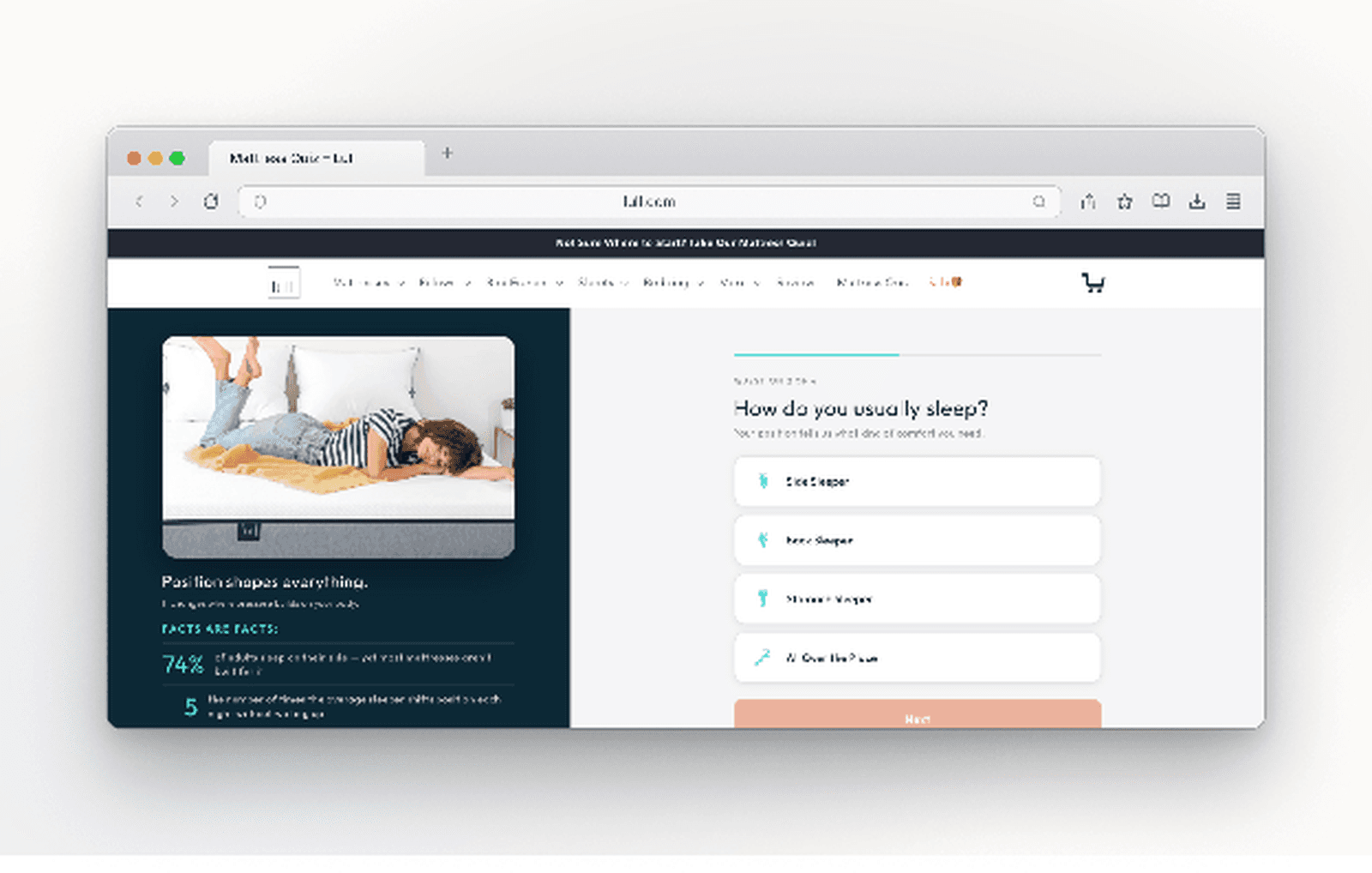 Un quiz en lull.com, con tecnología Shopify, que ayuda a los compradores a encontrar el colchón ideal