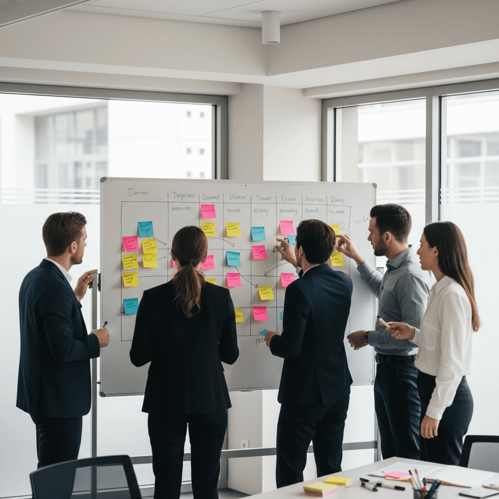 Business team collaborating around a whiteboard grid of workflow stages and upsell triggers