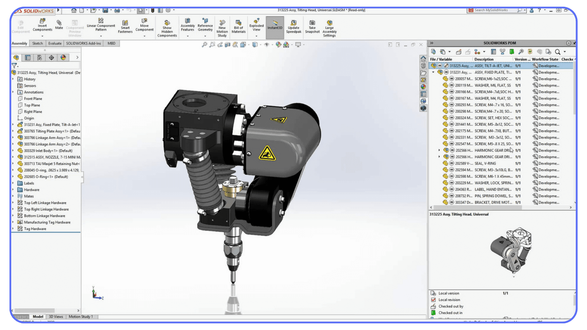 SolidWorks workspace displaying a detailed industrial assembly with the PDM file structure and metadata panel on the right.