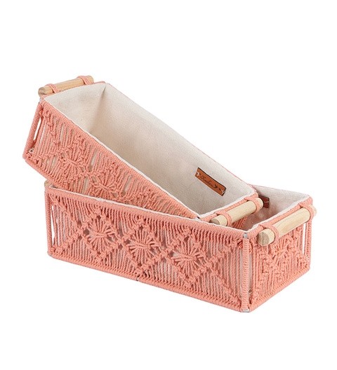 Handcrafted peach cotton macrame storage basket set for home décor