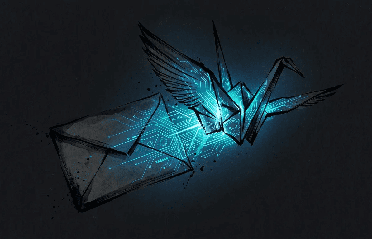 Origami-style envelope unfolding with teal light and circuit lines, Japanese minimalist ink art representing cold email copy that reaches its target.