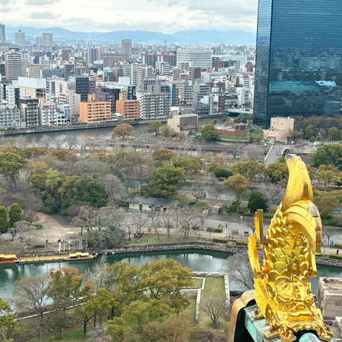 城市景观展示了绿意盎然的公园区域和密集的城市建筑,前景显著地矗立着一座金色鱼雕像。