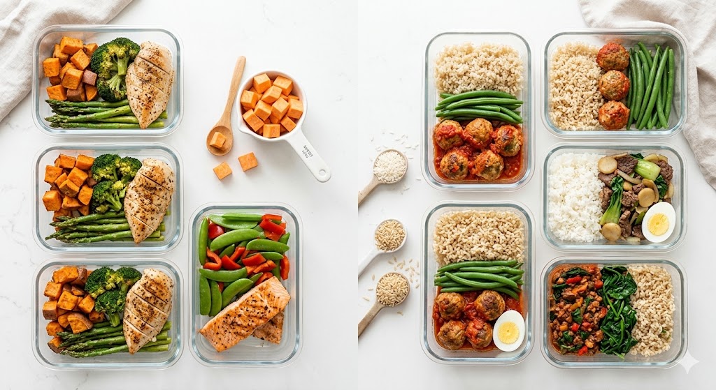 A top-down view of nine glass meal prep containers filled with healthy portions of grilled chicken, baked salmon, sweet potatoes, brown and white rice, and green beans.