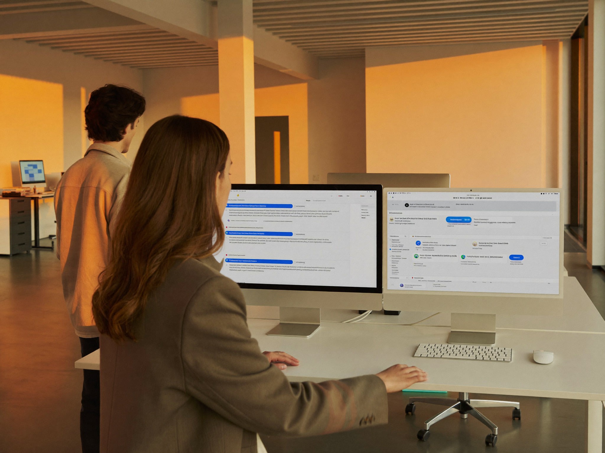 Two people seated at a white desk facing dual monitors displaying blue text-heavy interfaces in a warmly lit open office.