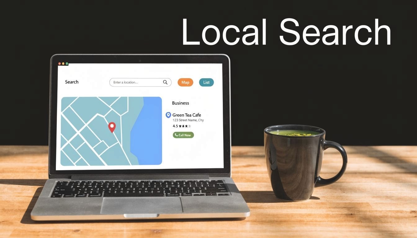 A laptop on a wooden desk displaying a local search interface for finding a nearby cafe.
