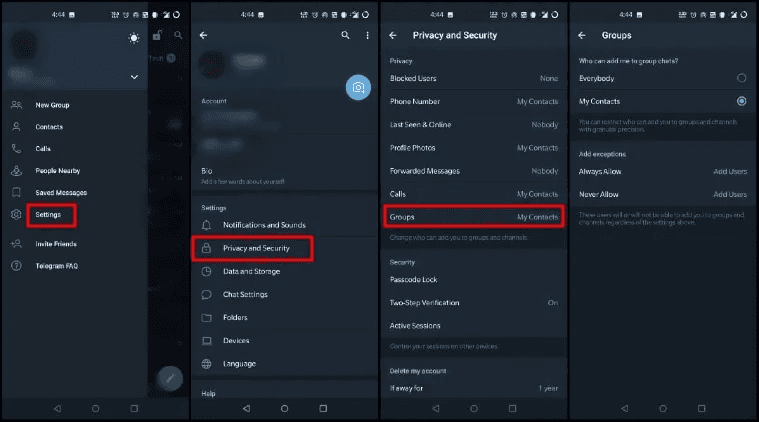 Telegram settings on mobile
