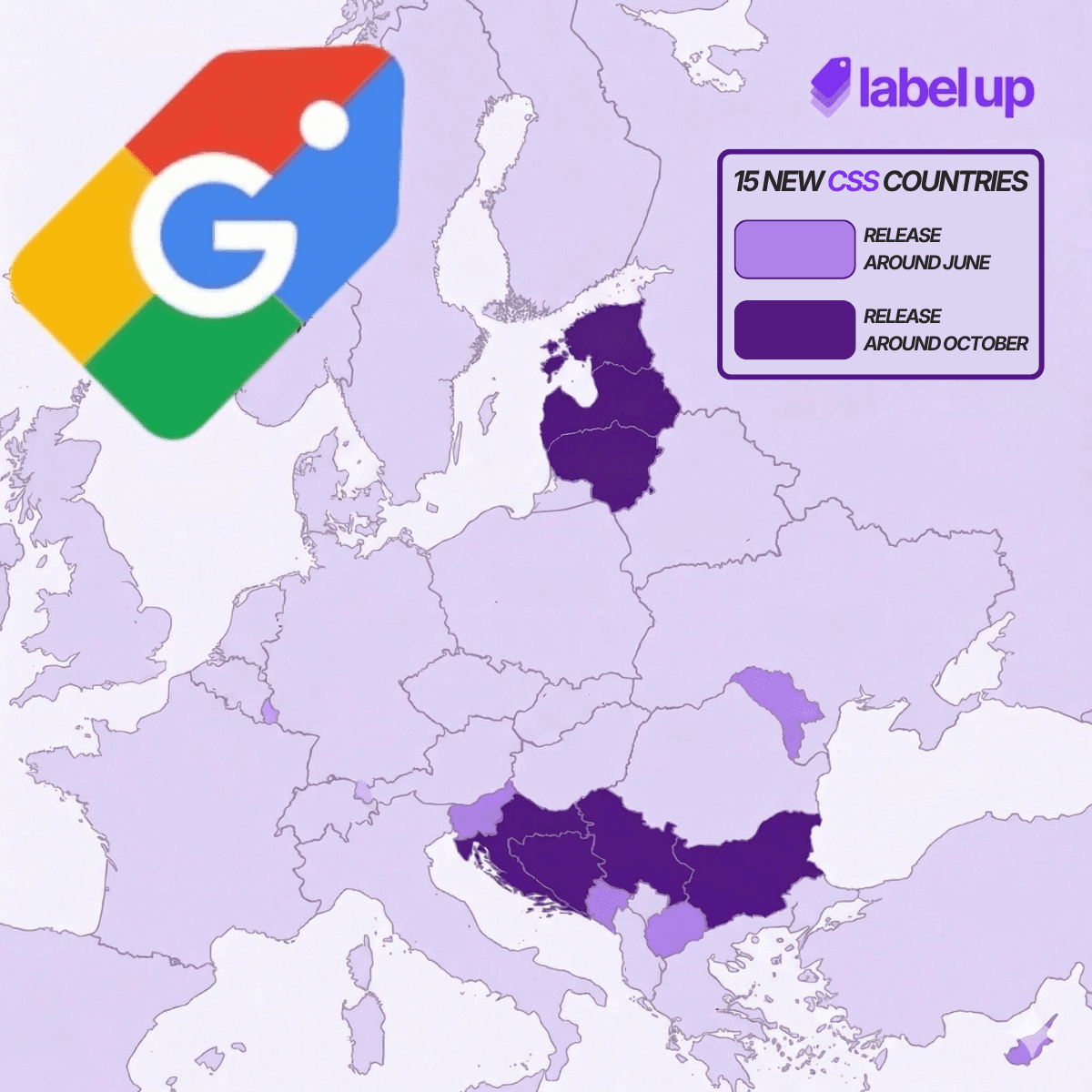 A map illustrating the rollout of Google Shopping across 15 new countries. Light purple highlights markets where Google Shopping will launch by June, while dark purple indicates countries scheduled for rollout by November.