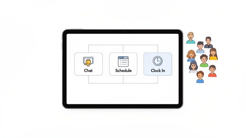 A tablet displays an app with chat, schedule, and clock in functions, alongside a group of diverse cartoon people.