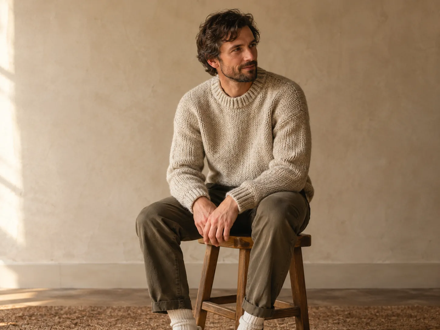 A man in a chunky oatmeal jumper sitting on a wooden stool