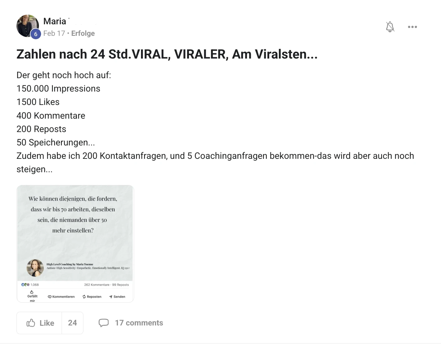 Kundenstimme KI Creator Akademie: Coach Maria mit viralem LinkedIn-Post über 150.000 Impressionen