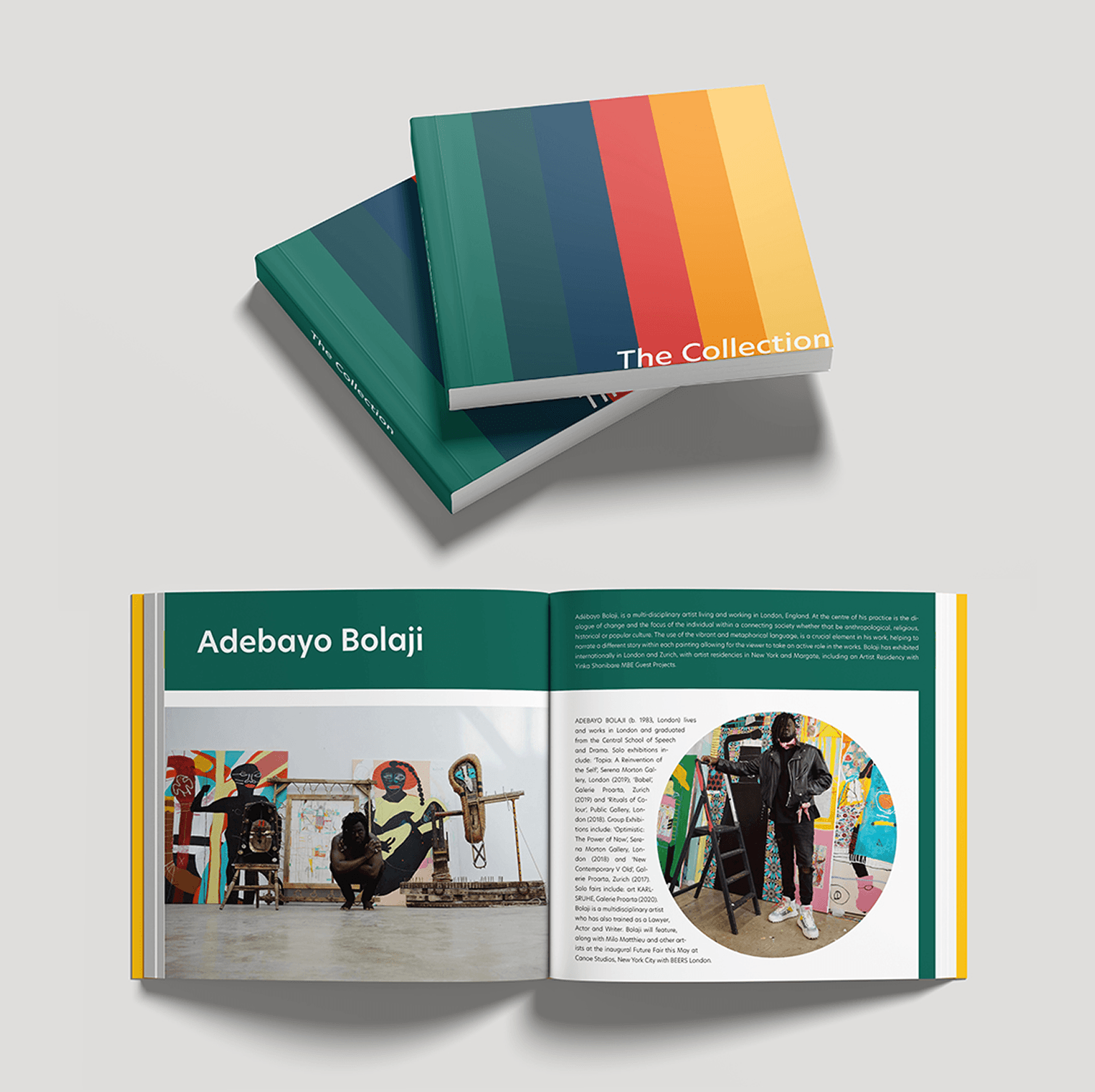 two people facing to the right, standing in front of two arworks