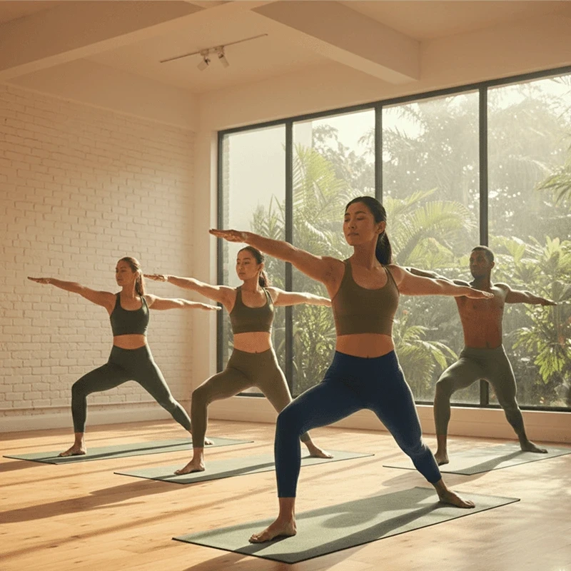 A serene, high-quality photograph of a person practicing a graceful yoga pose in a bright, minimalist studio. Soft natural light streams in, highlighting a sense of calm and focus. The background is clean and uncluttered, emphasizing the themes of breath, movement, and internal balance.