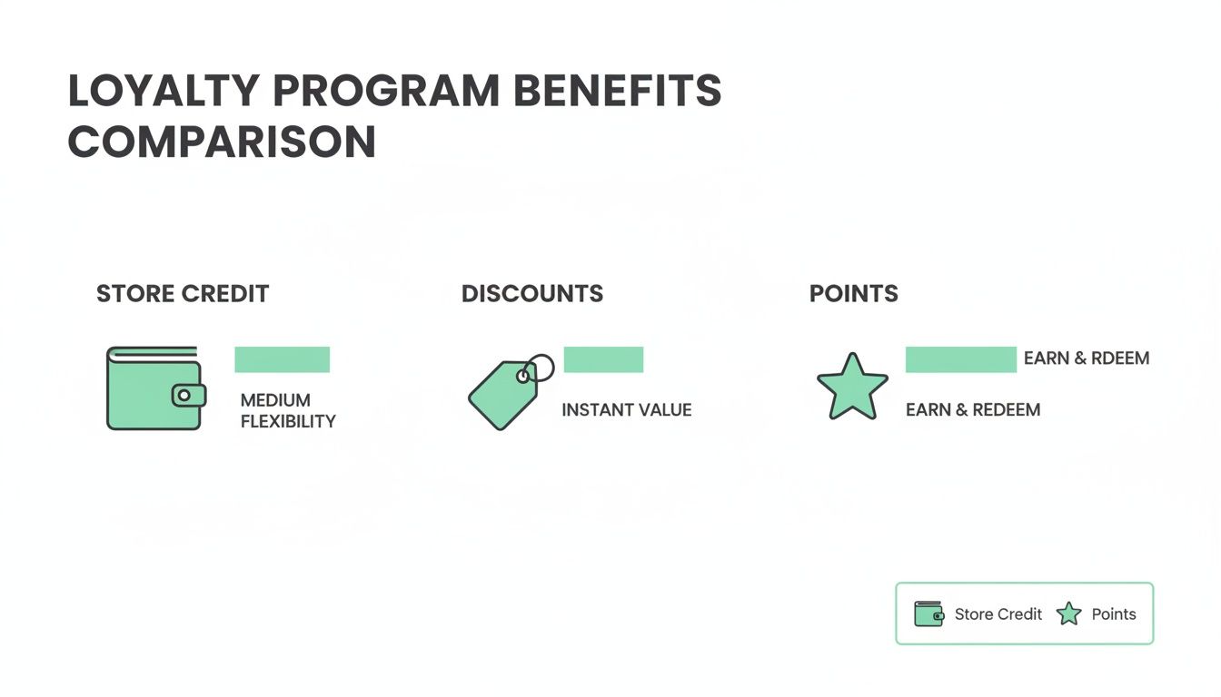 Infographic comparing loyalty program benefits: store credit with medium flexibility, discounts with instant value, and points.