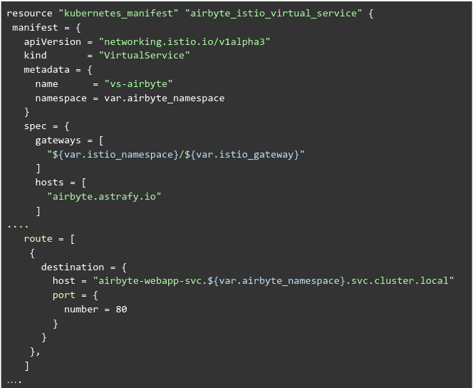 Screenshot of Terraform code defining a Kubernetes manifest for an Istio virtual service, specifying networking API version, service metadata, associated gateways, and routing for the 'airbyte.astrafy.io' host with destination settings for an Airbyte service
