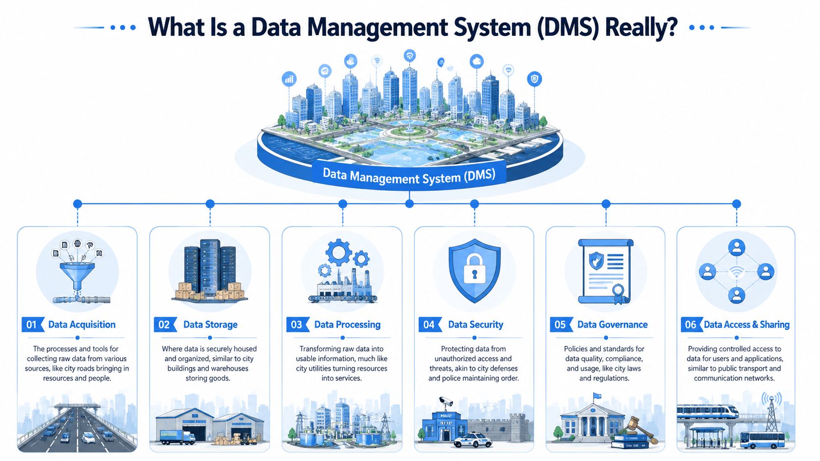 An infographic illustration explaining the six core components of a data management system using city-themed metaphors.