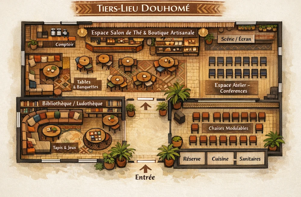 Plan du tiers lieu Douhome, avec un espace salon de thé et boutique artisanale, un espace bibliothèque ludothèque, et un espace ateliers conférences avec une scène et un écran, et des chaises modulables.
