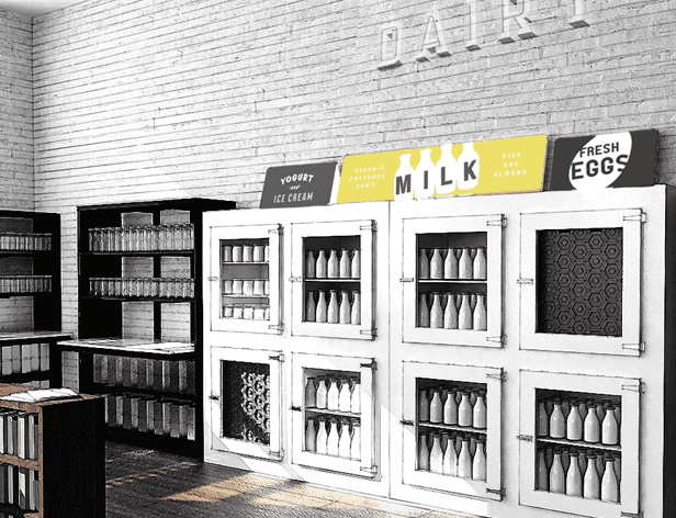 The image shows a modern, minimalist dairy display with several glass-fronted cabinets mounted against a white brick wall. The cabinets are organized into rows and columns, showcasing a variety of dairy products. Above the cabinets, signs read “MILK” and “FRESH EGGS,” indicating the types of products available. To the left of the display, a dark wooden shelving unit holds additional products. To the right, a small dark wooden table is partially visible. The floor is dark and reflective. The overall color palette is primarily white, gray, and black, with accents of yellow and white from the signs.