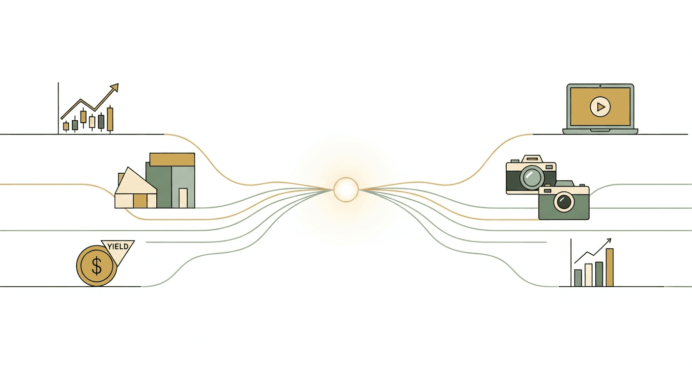 A calm desk setup with a laptop showing a portfolio dashboard, a coffee cup, and natural light streaming in through a window, representing effortless passive income management