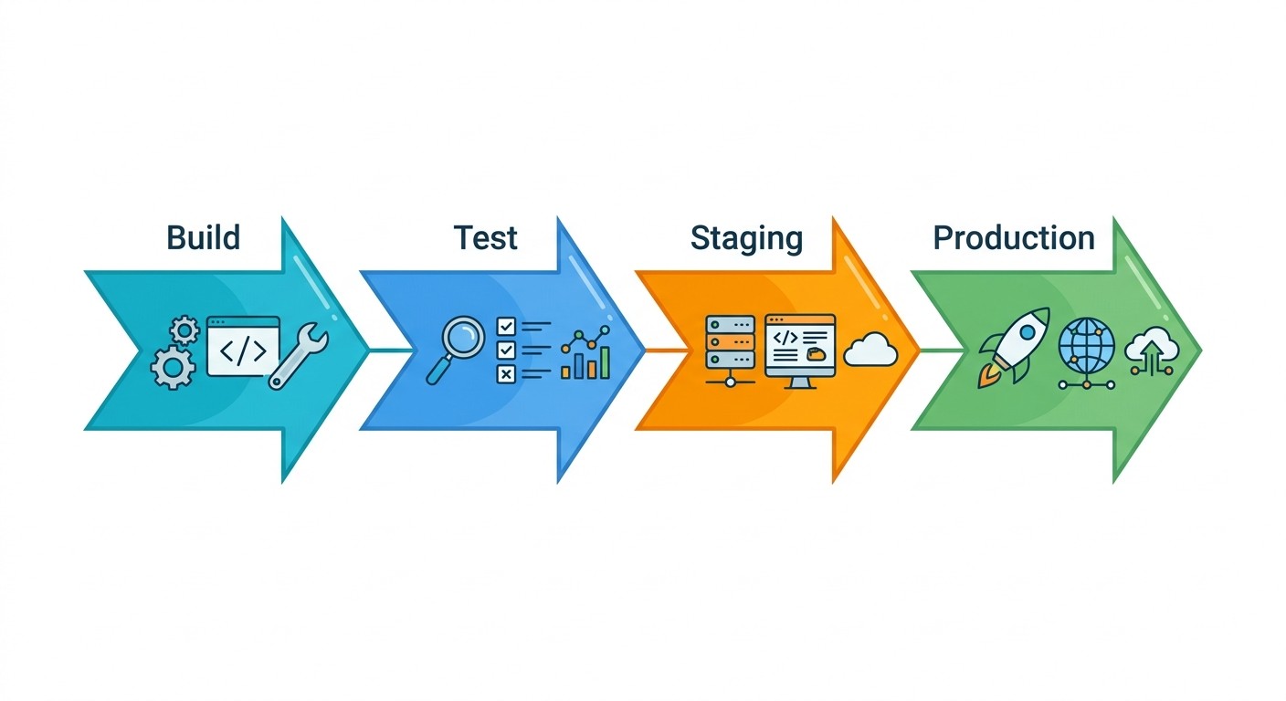 Illustration of a four-stage continuous deployment pipeline showing Build, Test, Staging, and Production as connected arrows in sequence
