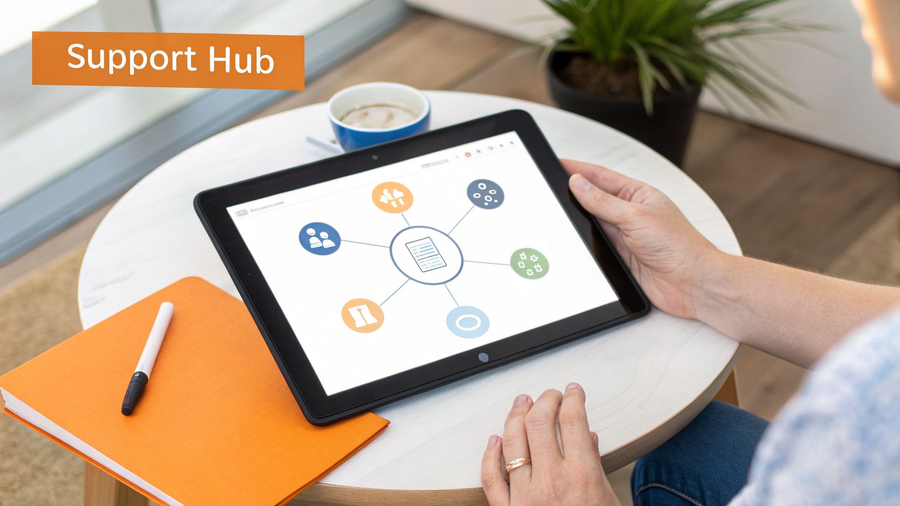 Person holding a tablet displaying a support hub diagram with various connected service icons.