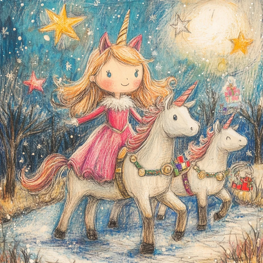 AI generated story children riding unicorns at christmas