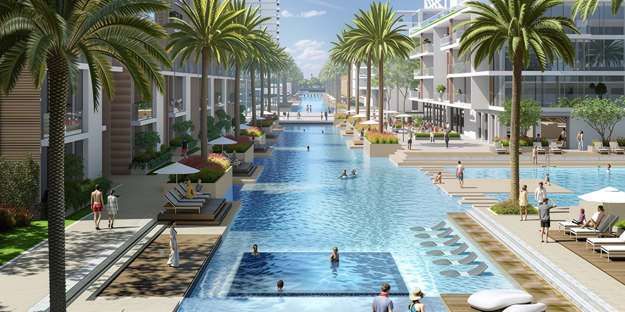 Scenic view of the waterfront villas at Palm Jumeirah, highlighting the exclusive Seagate community and its surroundings.