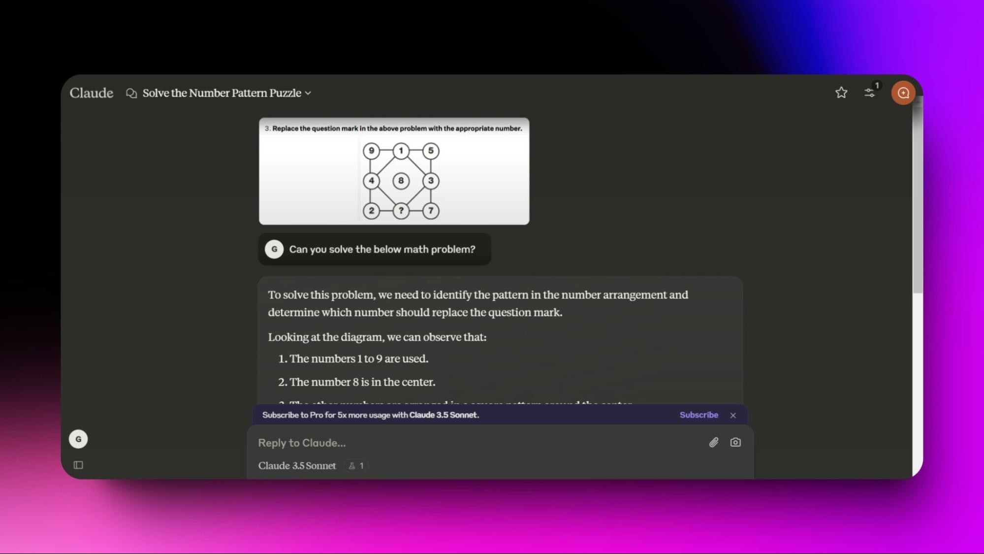 Screenshot of an Claude solving a number pattern puzzle, providing detailed steps to identify the missing number in the diagram.