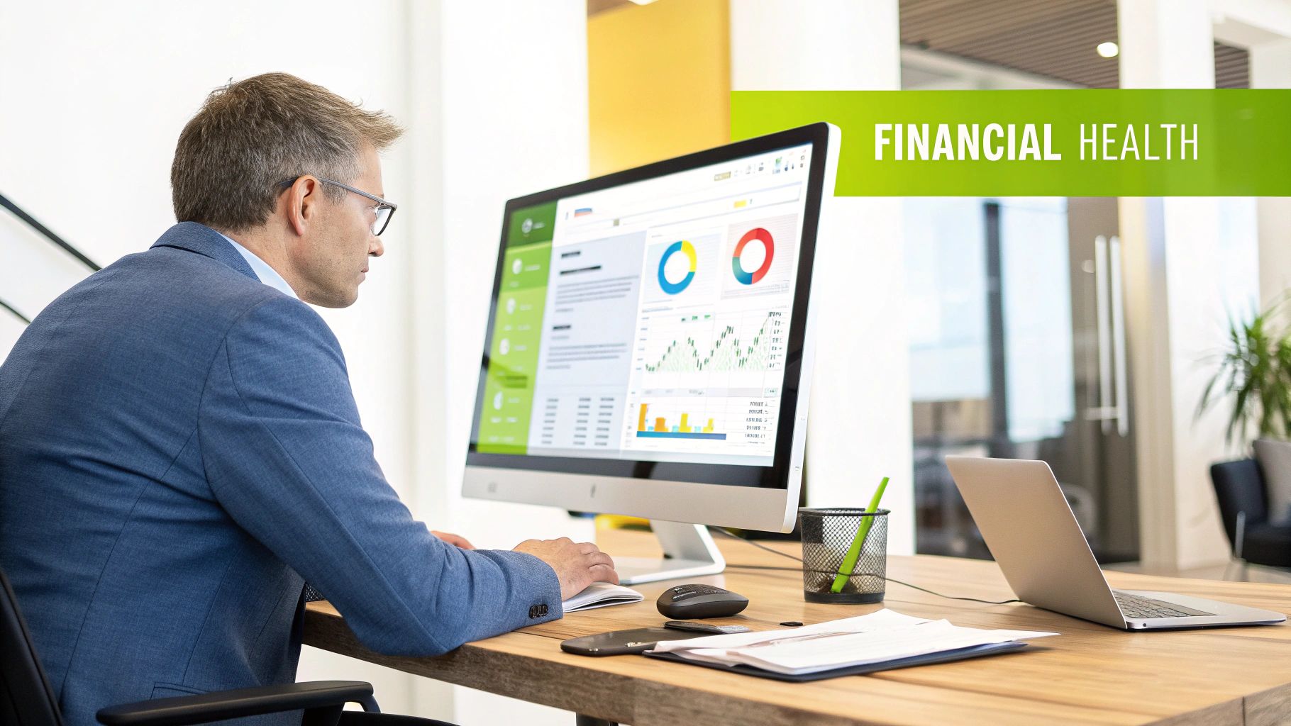 A man analyzes financial health data on a computer screen, surrounded by office supplies.