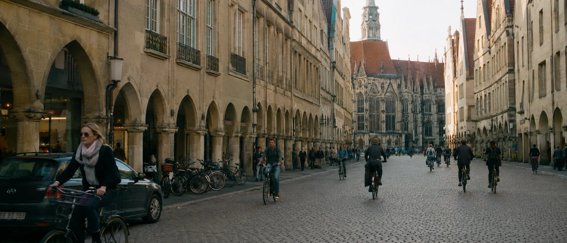 Münsteraner Prinzipalmarkt mit Arkadenhäusern, Fahrrädern und hellem Morgenlicht