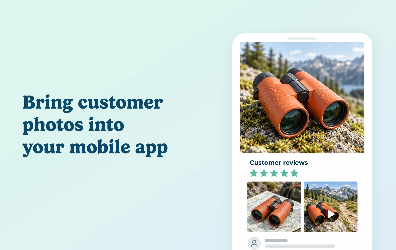 Judge.me and Tapcart integration: illustration of a mobile product page showing orange binoculars with customer photo and video reviews.