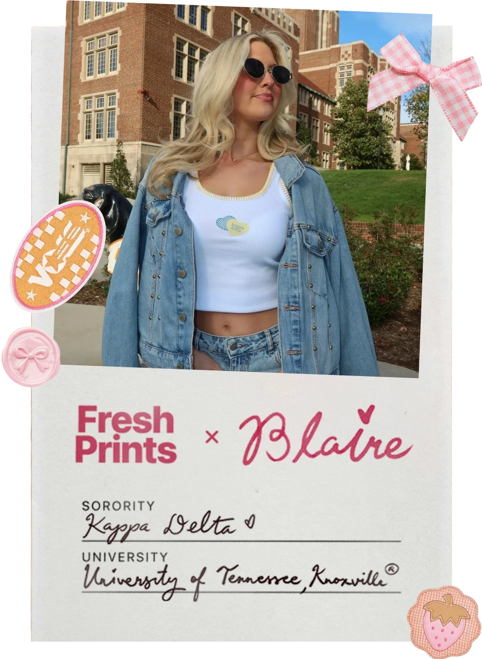 Outdoor photo of a person on campus wearing a white Kappa Delta tank and denim jacket, alongside a “Fresh Prints × Blaire” card listing Kappa Delta and University of Tennessee, Knoxville.