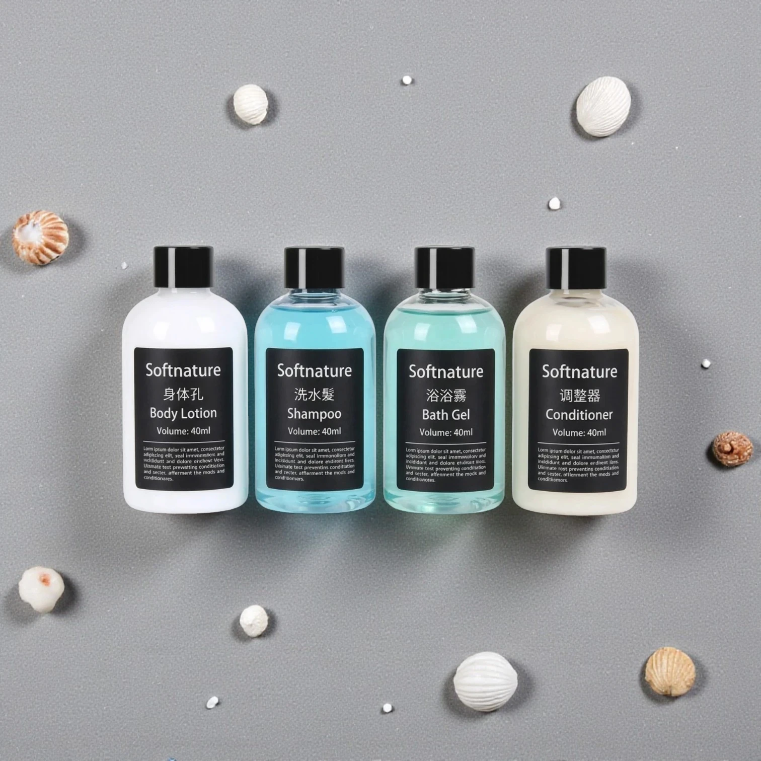 Bulk hotel amenities kit with sustainable packaging, featuring customizable bottles and logo branding for boutique hotels and hospitality chains.