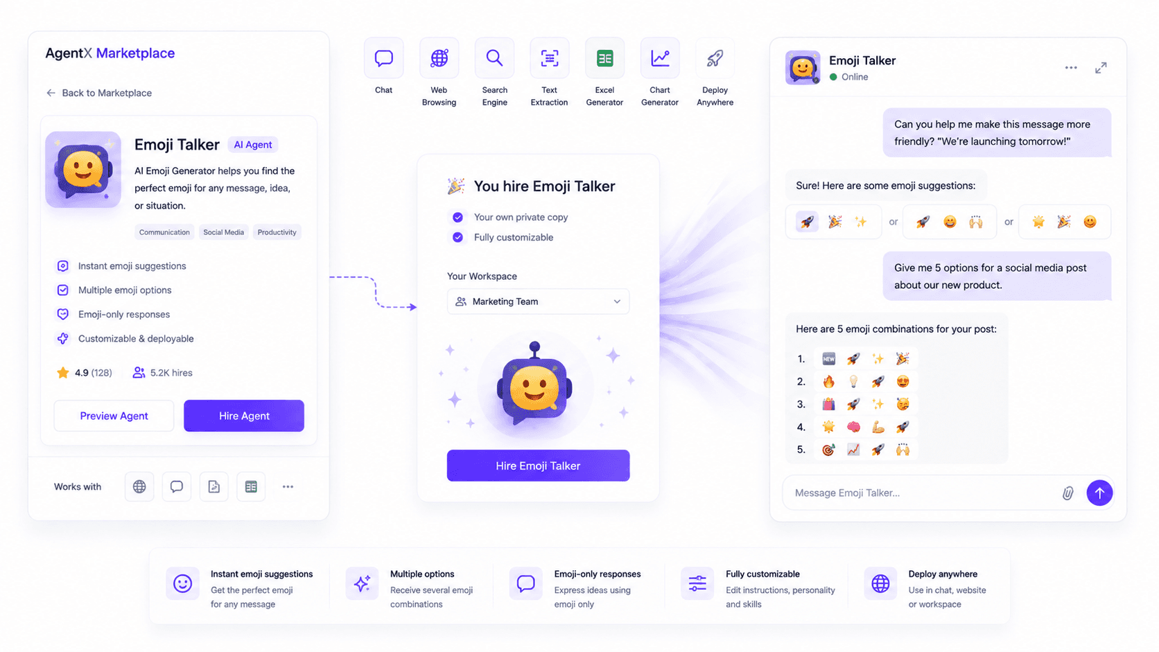 AI Emoji Generator agent in the AgentX Marketplace providing emoji suggestions for messages and social media.