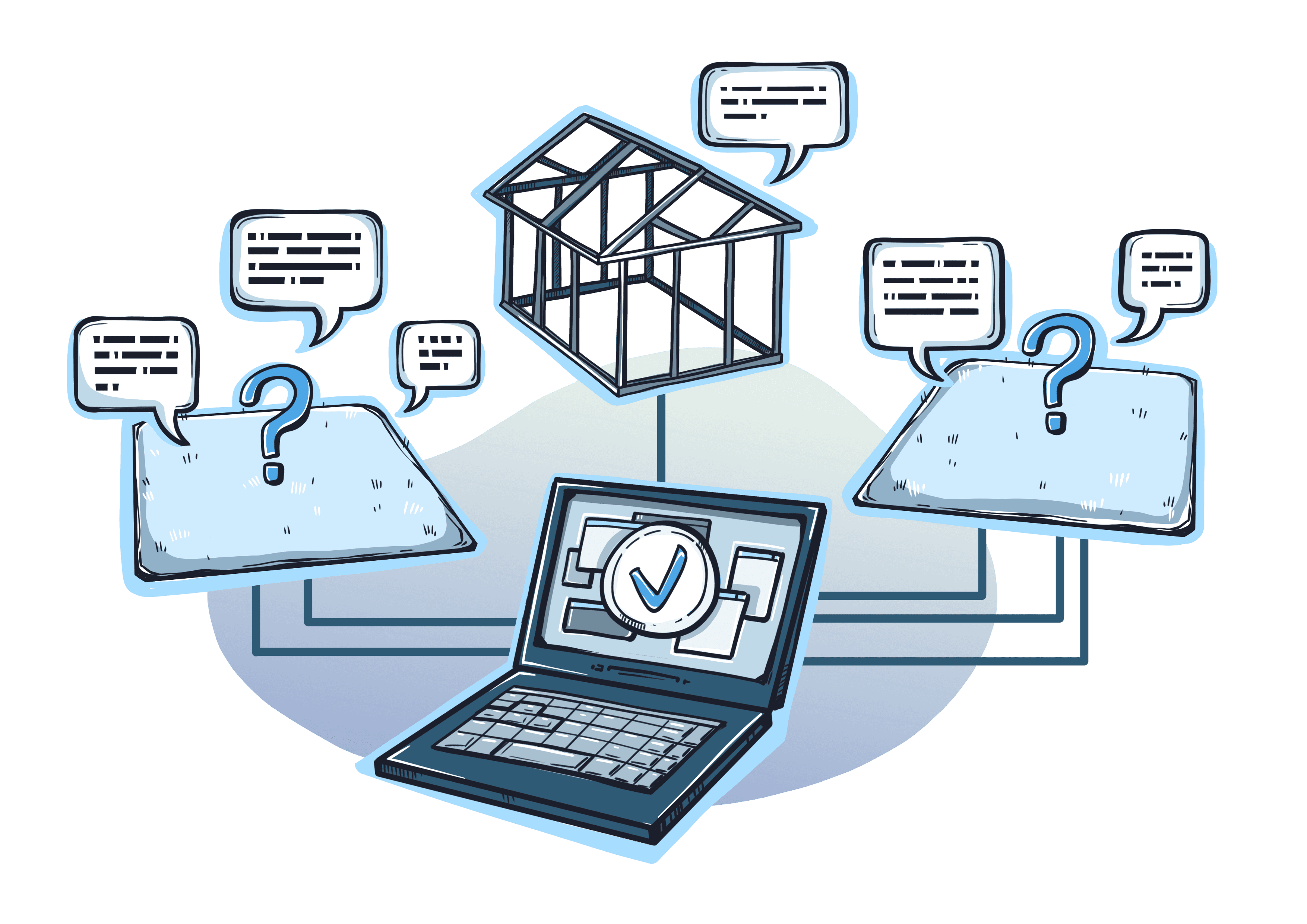 Open laptop with centralized information about a home under construction and two land parcels with unknown planned structures