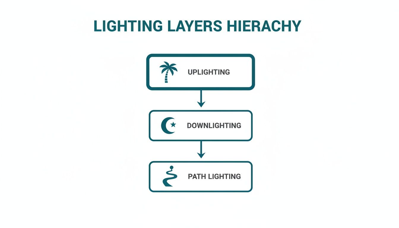 A flowchart illustrates the outdoor lighting layers hierarchy: uplighting, downlighting, and path lighting.