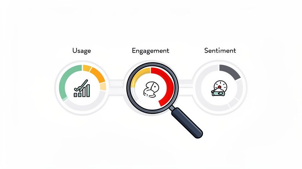 Visualizing customer success with three gauges: Usage (green), Engagement (red/yellow), and Sentiment (grey).