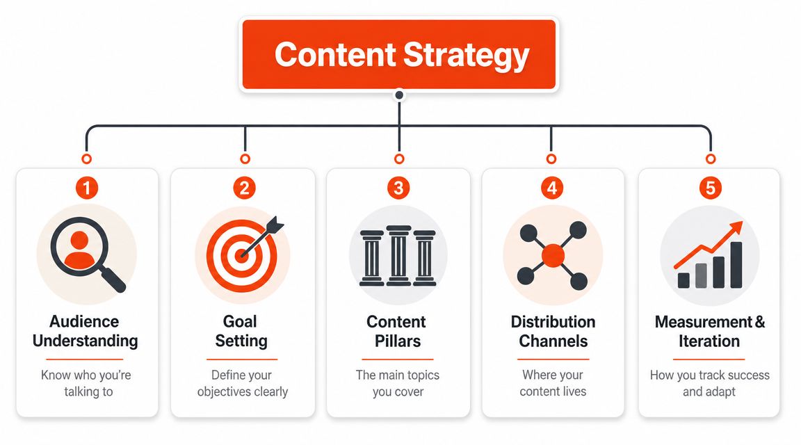 An infographic showing the five key components of a professional content strategy for businesses and marketers.