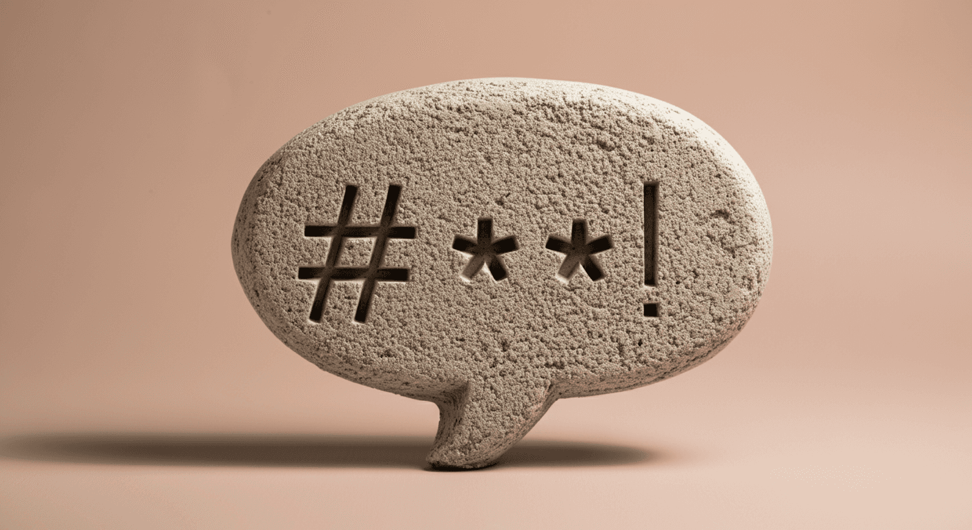 A speech bubble made out of concrete, with an expletive engrained in