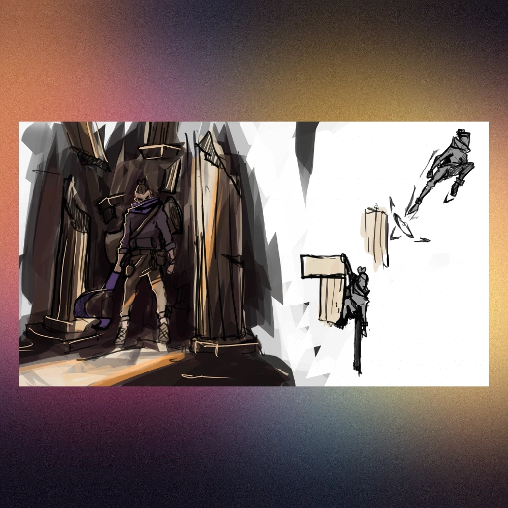 Concept art for a video game, showing two sketches side by side. On the left, a character in dark clothing with a purple cape stands in a ruinous setting. On the right are quick sketches of the same figure in motion.