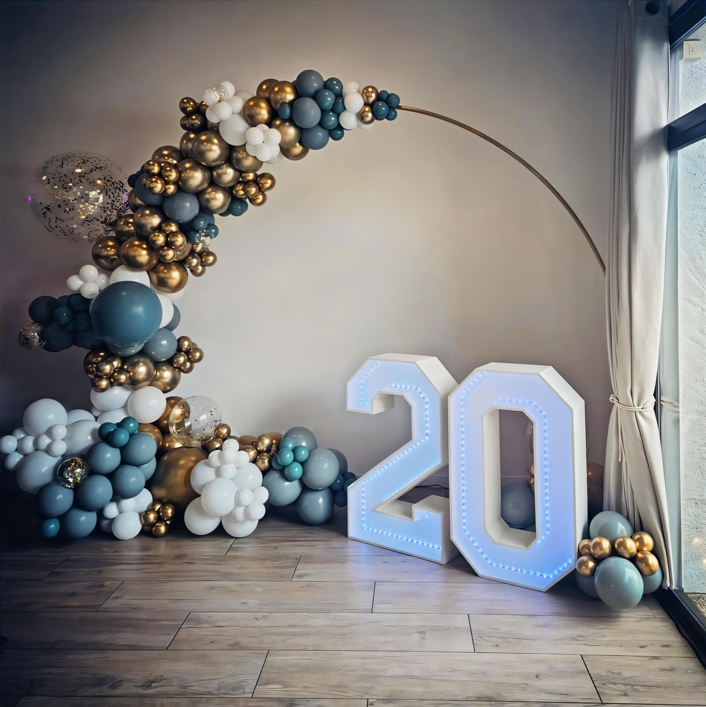 20 ans d'anniversaire et 20 ans de mariage fêtés lors d'une même occasion avec une arche organique et des chiffres géants LED, à Nantes