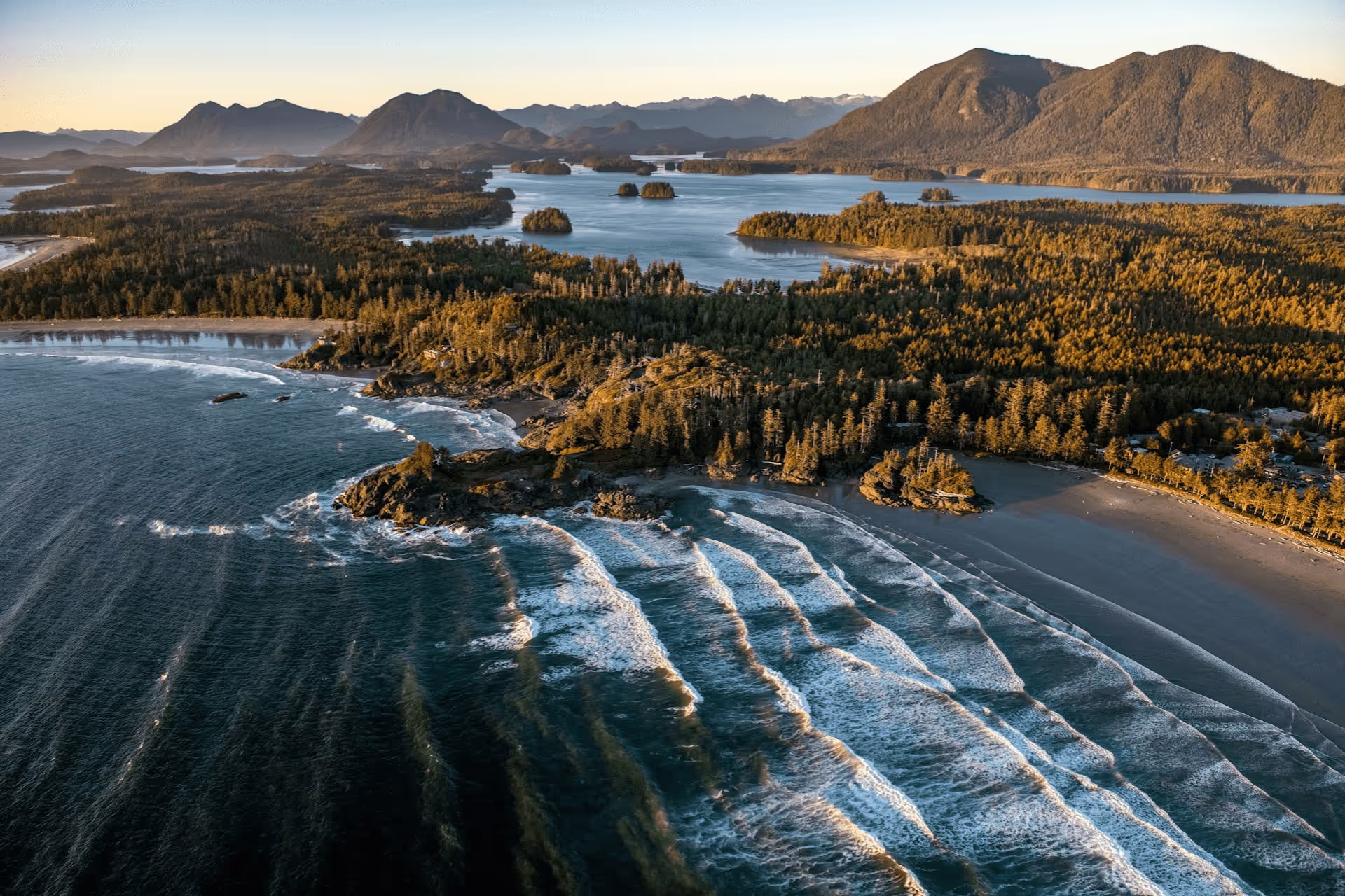 Aerial view of coastal shorelines with forests, beaches, and distant mountains.