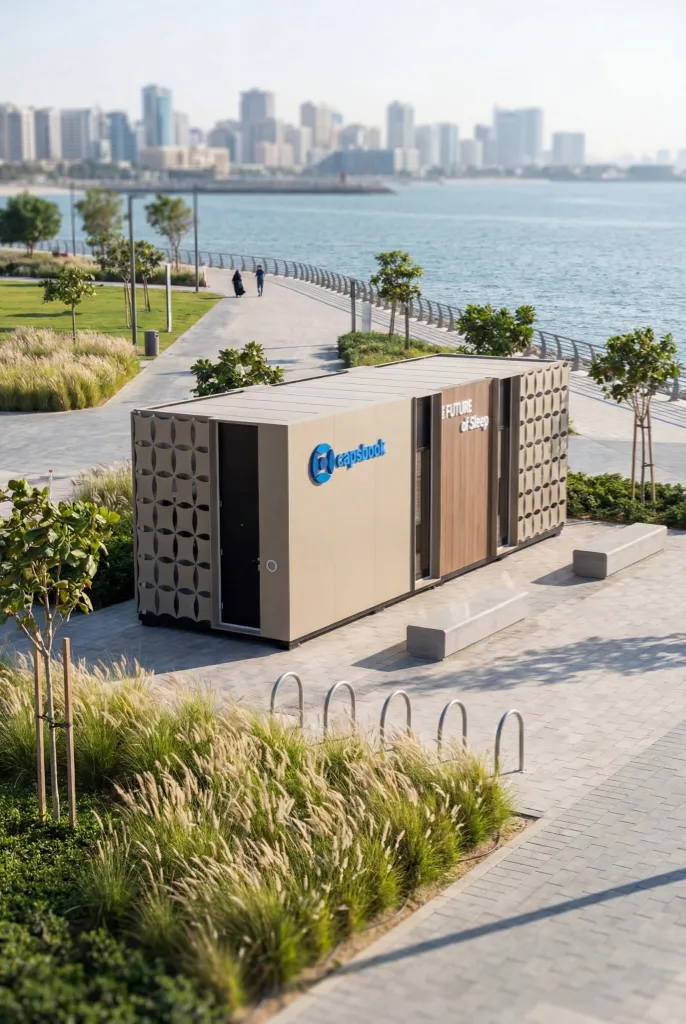Beige shipping container with blue logo and wooden doors in a park near a body of water