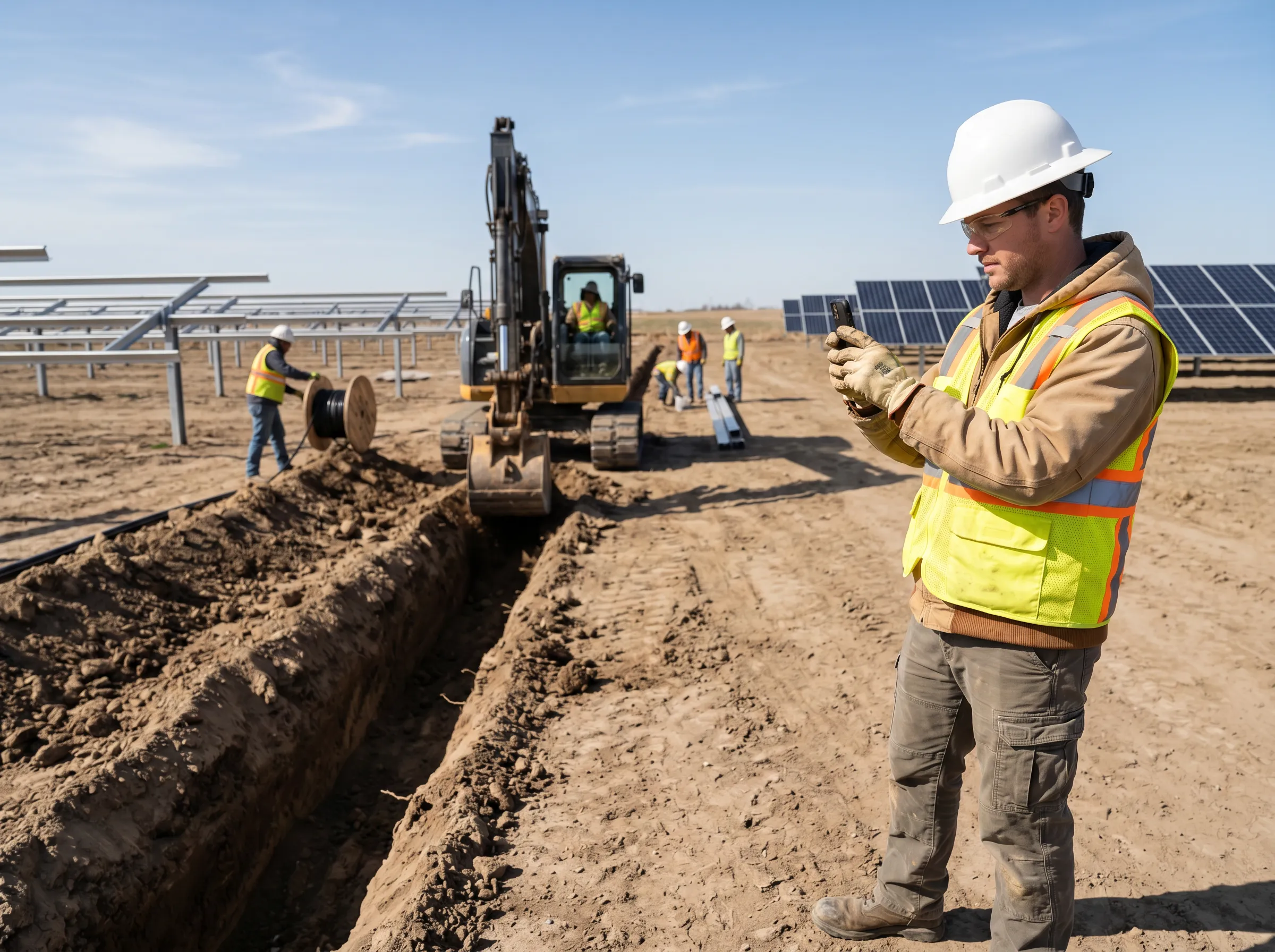 Two construction workers in safety vests and helmets stand at a solar farm, reviewing a tablet while heavy equipment operates in the background.