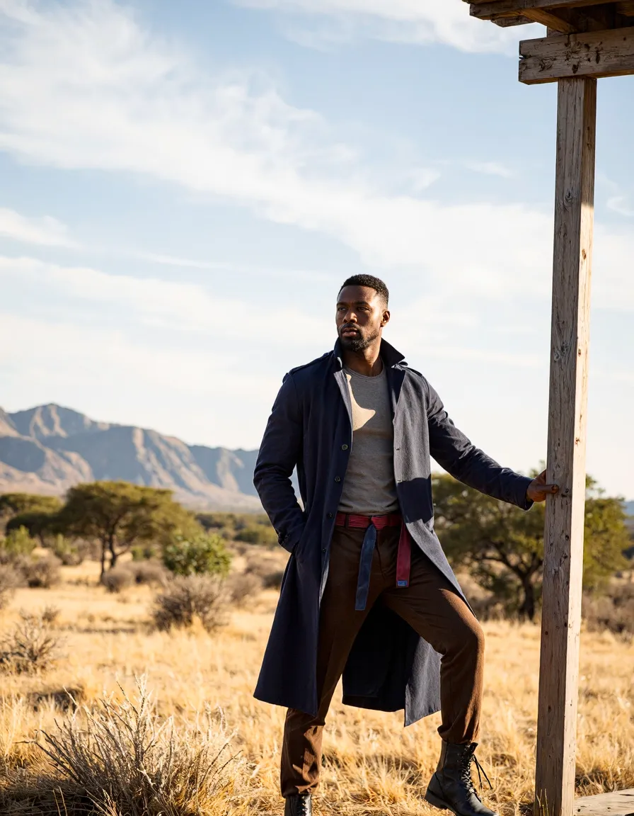Man in navy coat posing by wooden post in golden grassland with mountains, editorial fashion portrait style