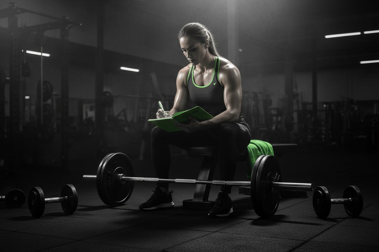 Person logging workout in a gym journal