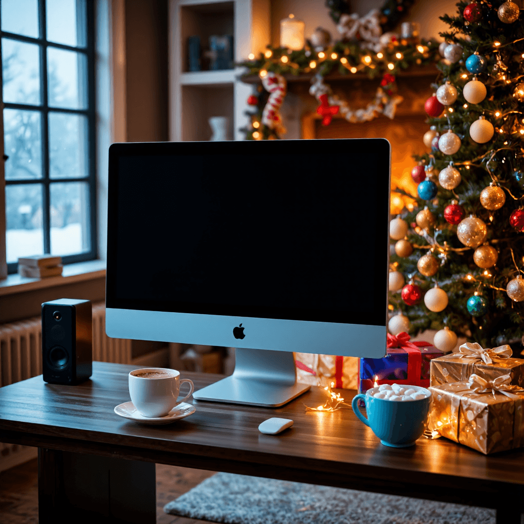 product photography of a desktop computer with an all-in-one design, featuring a large display and integrated speakers
