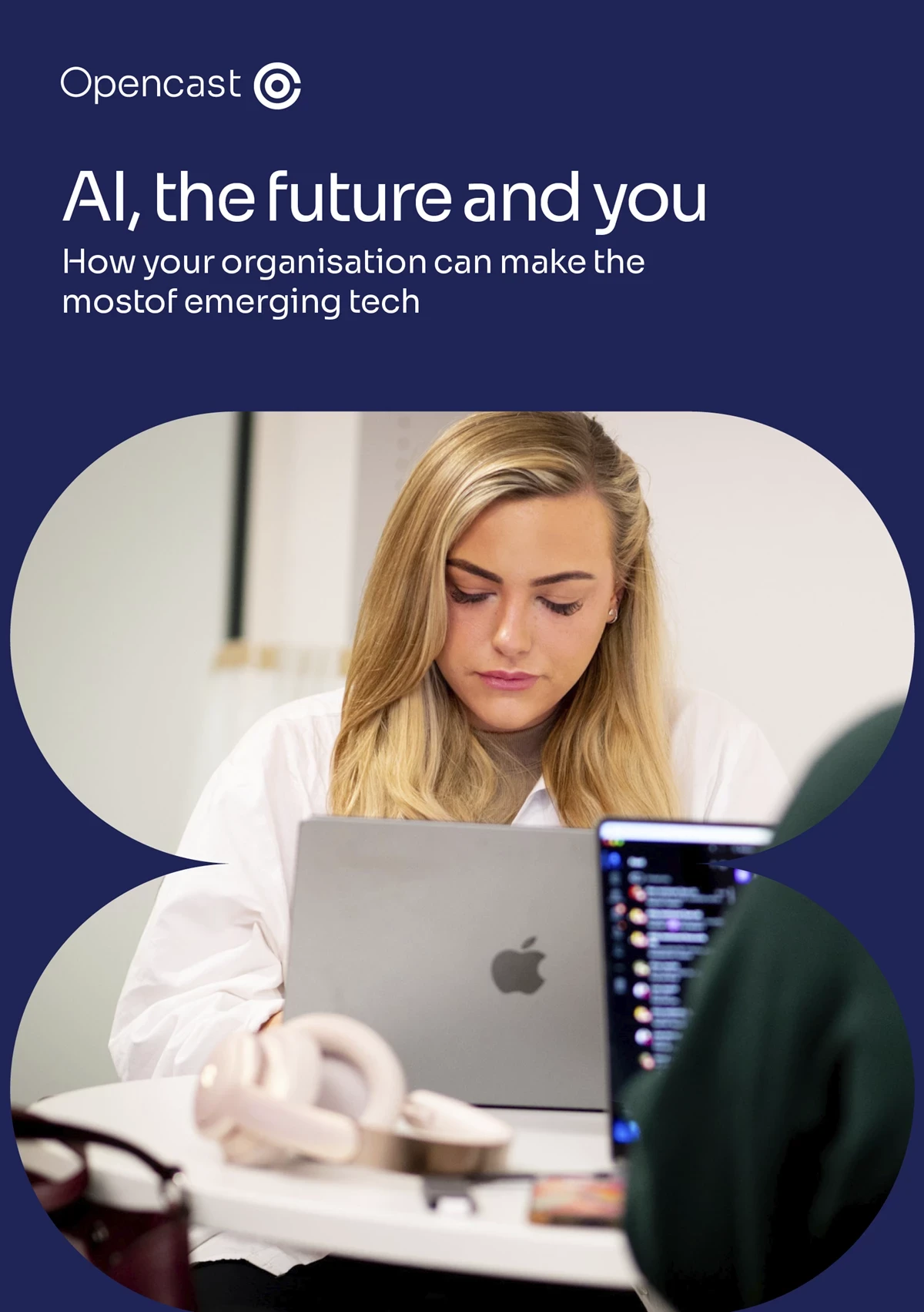 Cover of the AI, the future and you publication. with a photo of an Opencast team member working at a computer on the cover